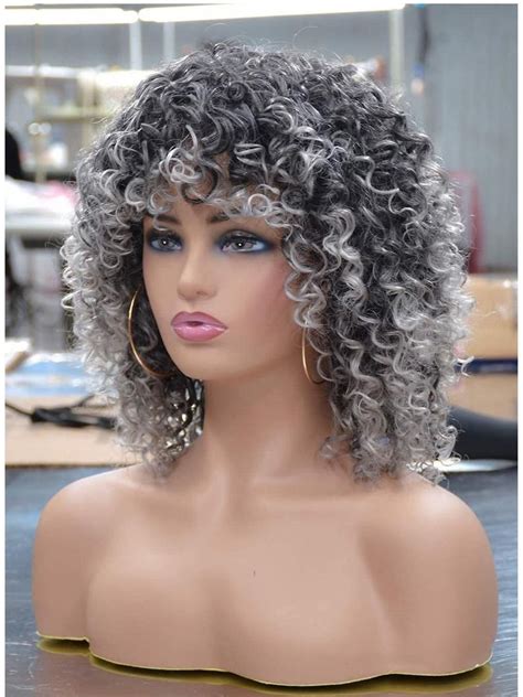 Curly Afro Synthetic Gray Ombre Wig Etsy In 2021 Ombre Wigs Grey