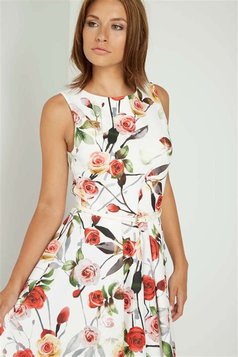 Floral Print Skater Dress In Ivory Roman Originals Uk