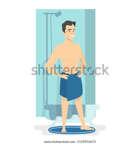 Hapy Man Taking Shower In The Morning Guy Standing In The Bathroom