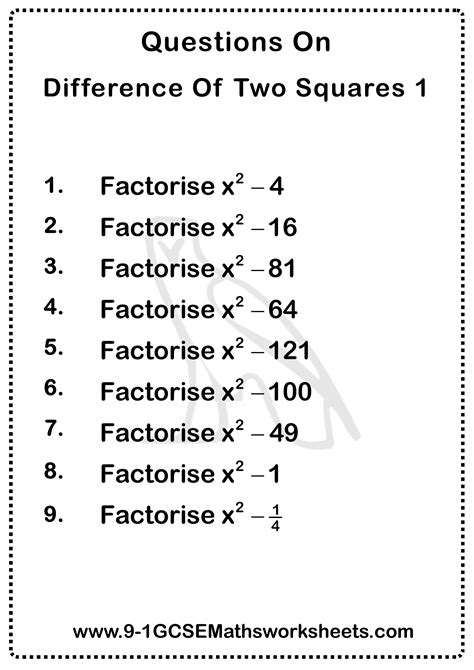 Difference of Two Squares Worksheet Practice Questions | Cazoomy