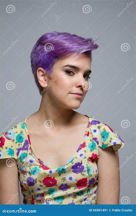 Violet Short Haired Girl Indoors Looking Aside Stock Image Image Of