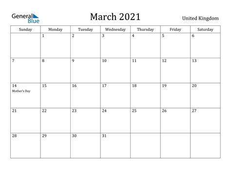 March 2021 Calendar United Kingdom