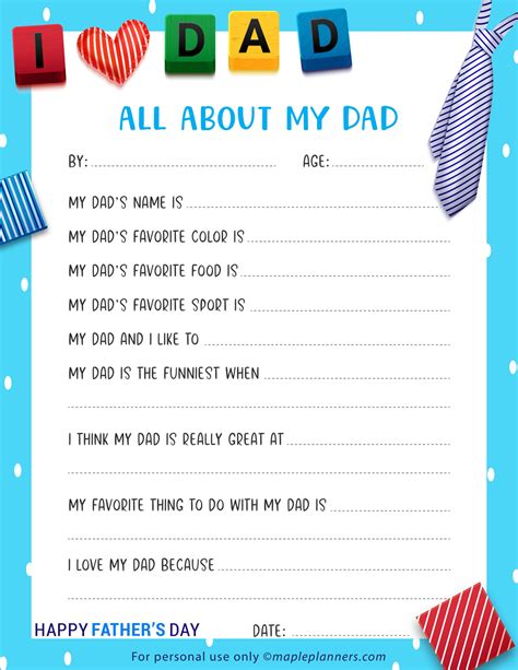 All About My Dad Printables For Fathers Day