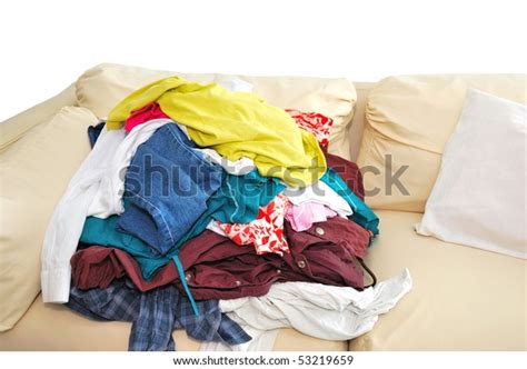 Messy Unfolded Clothes On Sofa Isolated Stock Photo Edit Now 53219659