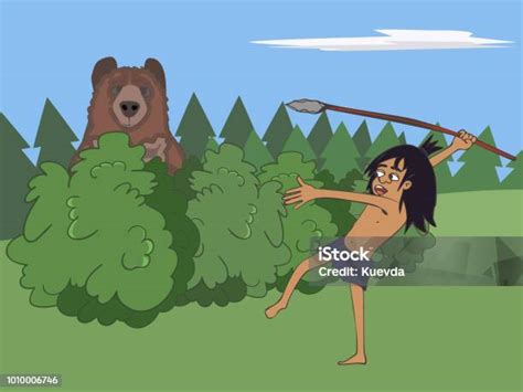 Kartun Manusia Gua Berburu Beruang Dengan Tombak Batu Ilustrasi Stok