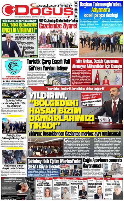 01 Nisan 2023 tarihli Gaziantep Doğuş Gazete Manşetleri