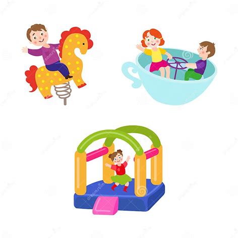 Vector Flat Children At Amusement Park Set Stock Vector Illustration