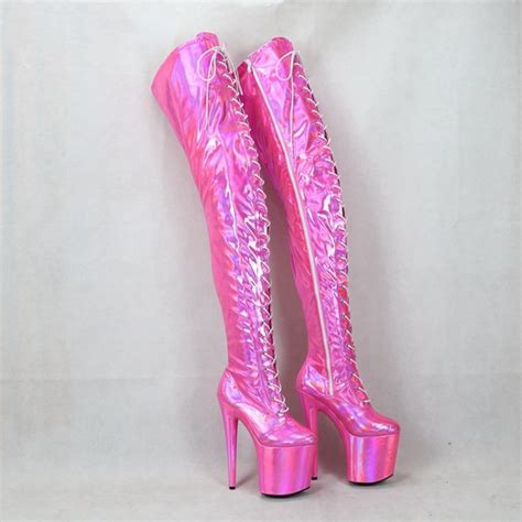 female nightclub sexy shoes holographic crotch thigh high boots women 20cm extreme high heels