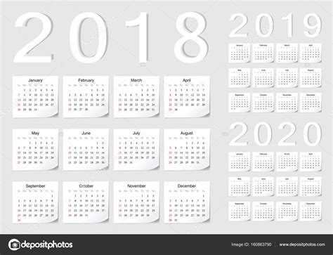 Set Of European 2018 2019 2020 Vector Calendars Stock Vector Image By