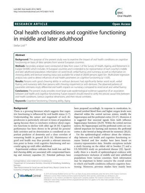 Pdf Oral Health Conditions And Cognitive Functioning In Middle And