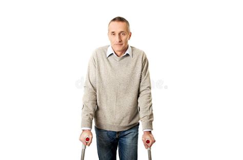 Disabled Mature Man With Crutches Stock Photo Image Of Crutches