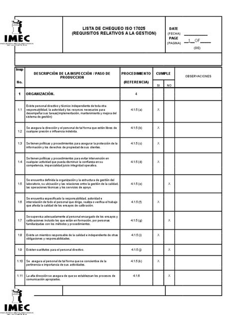 Lista De Chequeo Iso 17025 No 2 Calibración Calidad Comercial