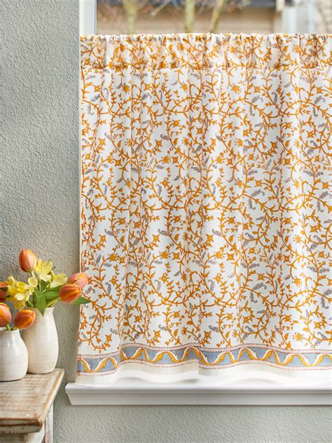 Floral White Gold French Kitchen Curtain Saffron Marigold
