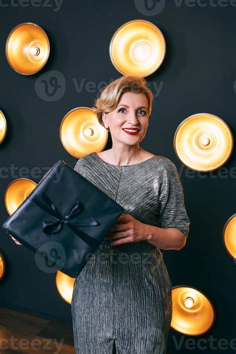 Beautiful Mature Woman With Black Present T Box Party Celebration Concept 8091323 Stock