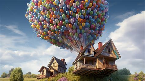 As If A Cloud Of Balloons Were Blowing Over A House Background Up