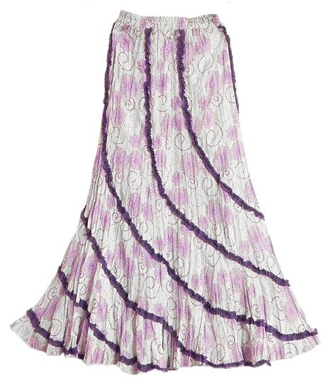 White Long Gypsy Skirt With Dark Purple Floral Print