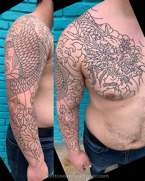 Japanese Dragon Sleeve And Chest Panel Linework By Scott Cooksey Of