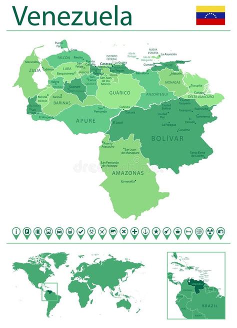 Venezuela Detailed Map And Flag Venezuela On World Map Stock Vector
