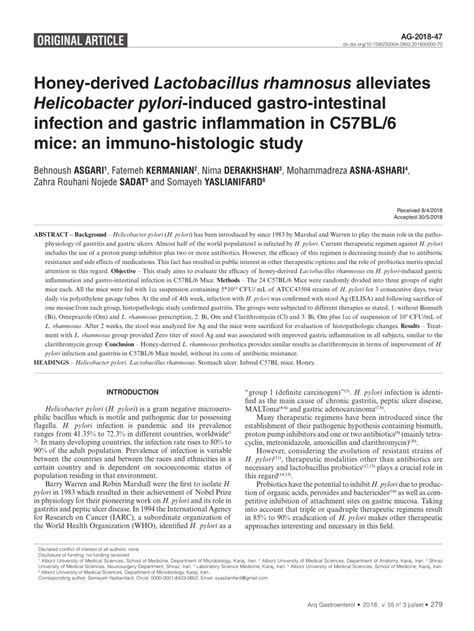 Pdf Honey Derived Lactobacillus Rhamnosus Alleviates Helicobacter