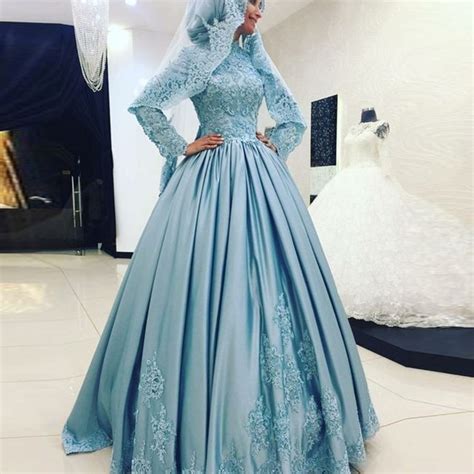 Light Blue Muslim Wedding Dress Hijab Long Sleeve Turkish Islamic Bridal Dresses 2017 Lace Soft