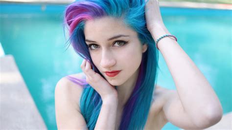wallpaper face women cosplay model long hair blue hair black hair swimming pool fay
