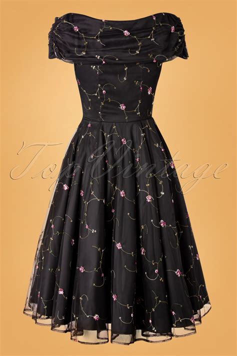 50s Dorothy Floral Rose Swing Dress In Black