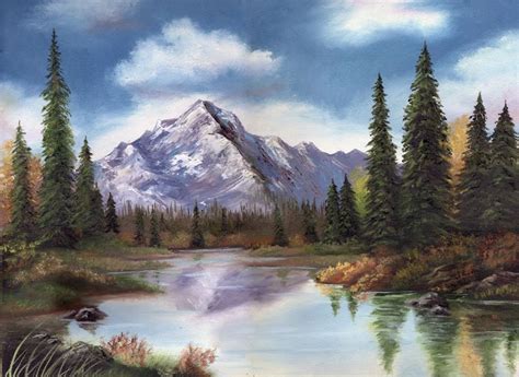 A Painting Of A Mountain With Trees In The Foreground And A River