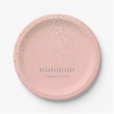 Gold Confetti Pink Blush Elegant Glamour Wedding Paper Plate