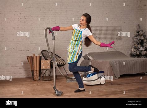 Happy Woman Cleaning Homedancing With Vacuum Cleaner And Having Fun Copy Space Housework