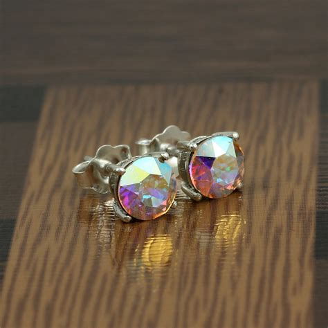 Aurora Borealis Crystals Stud Earrings 925 Sterling Silver Etsy