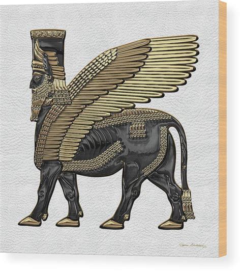 Assyrian Winged Bull Gold And Black Lamassu Over White Leather Wood