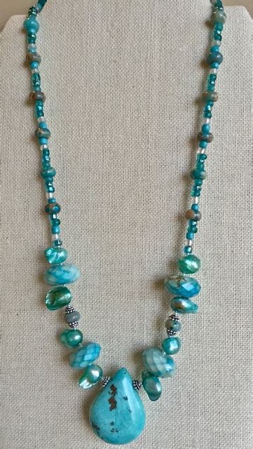 Turquoise Colors Necklace With Jasper Pearls Glass