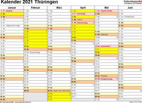 Das jahr 2021 hat 52 kalenderwochen und beginnt am freitag, den 1. Kalender 2021 Thüringen: Ferien, Feiertage, PDF-Vorlagen