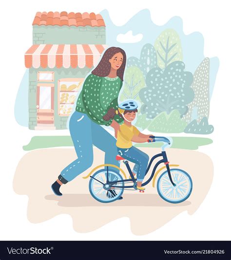 Mom Teaching Her Daughter To Ride A Bike Outdoor Vector Image