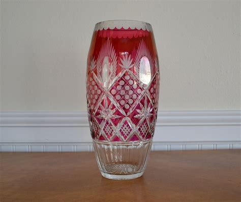 Elegant Colored Cranberry Red Cut Glass Vase With Floral And Cross Hatched Pattern Design And