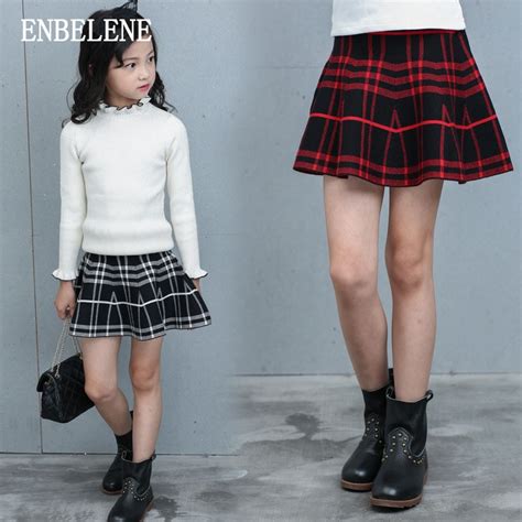 2017 Autumn Girls Pleated Mini Skirt For Children Red Black Cotton Big