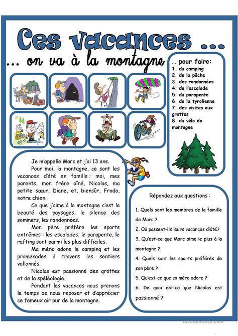 Les Vacances D T La Montagne Learn French French Worksheets