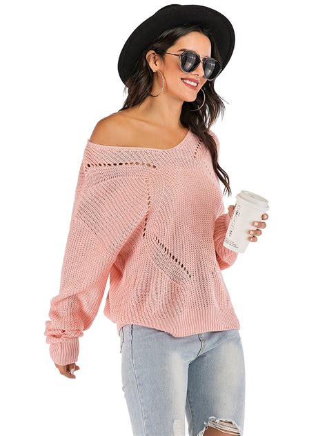 Womens Pullover Long Sleeve Hollow Out Solid Color Knitwear In 2020