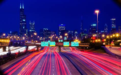 Chicago Highway Road Long Exposure Night Cityscape Vignette Light