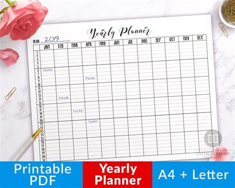 Yearly Planner Printable Horizontal Year At A Glance Etsy In 2022