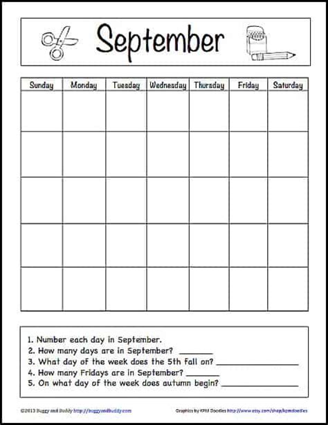 September Learning Calendar For Kids Free Printable Buggy And Buddy