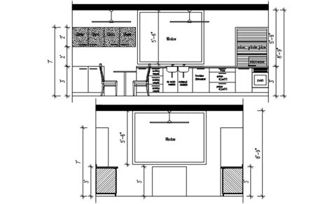 Kitchen Front And Side Section With Furniture Cad Drawing Details Dwg
