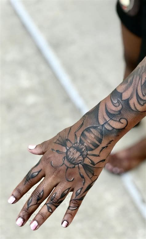 Sleeve And Hand Tattoo Bee Dark Skin Tattoo Blue Ink Tattoos