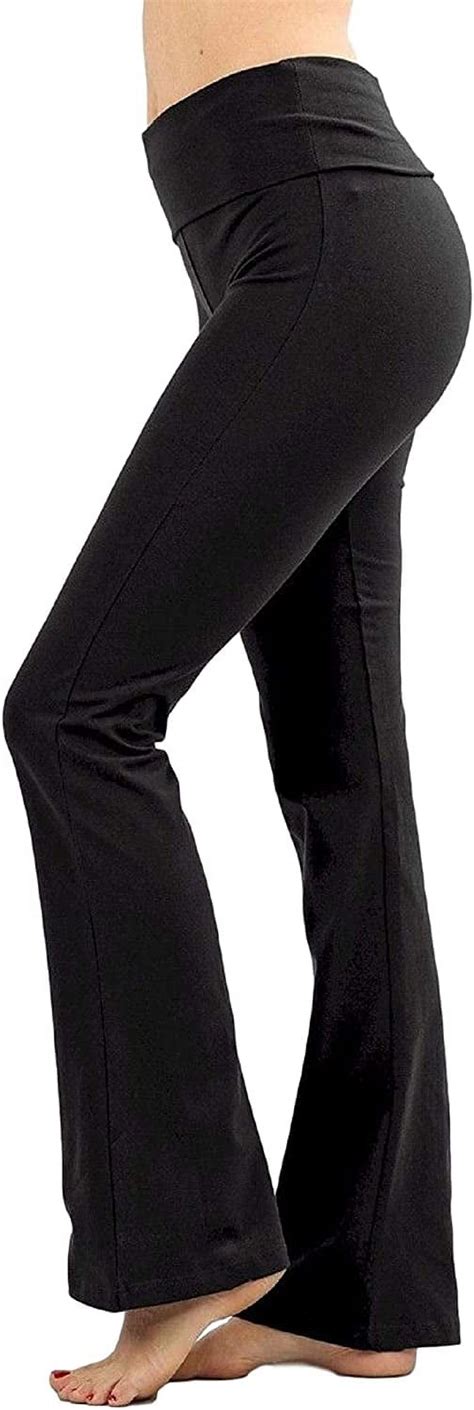 zenana women fold over waist cotton stretch flare leg boot cut yoga pants leggings black medium