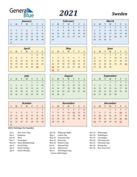 2021 Sweden Calendar With Holidays