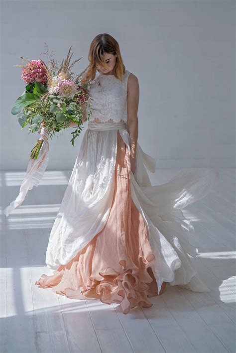 Brianna Bohemian Crop Top Wedding Dress In Linen And Cotton
