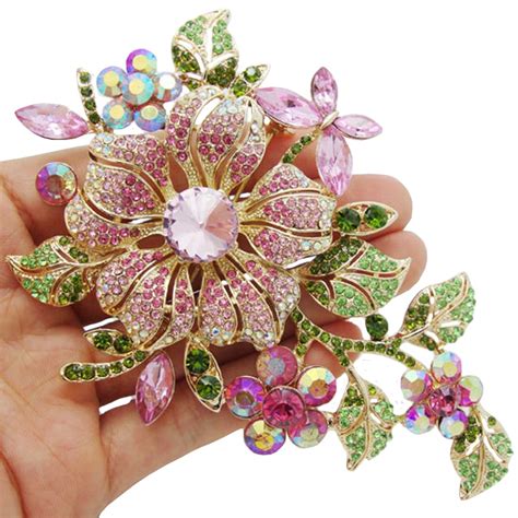 Big New Elegant Pink Crystal Flower Brooch Rhinestone Pin Romantic Wedding Bride Bridesmaid