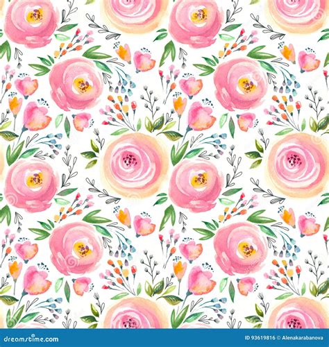 Watercolor Flowers Paper Digital Background Seamless Pattern Hand
