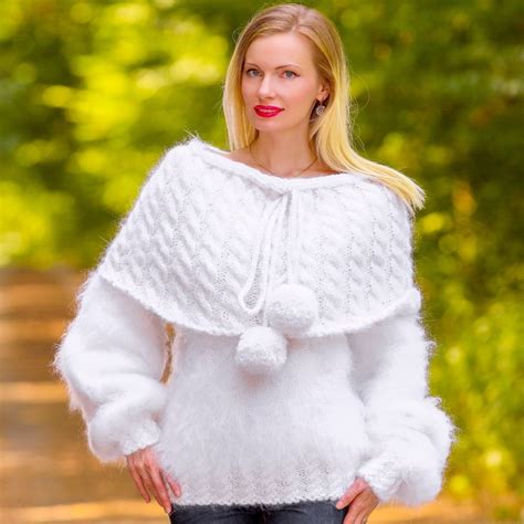 White Hand Knitted Mohair Sweater Fuzzy Cowlneck Soft Dress By