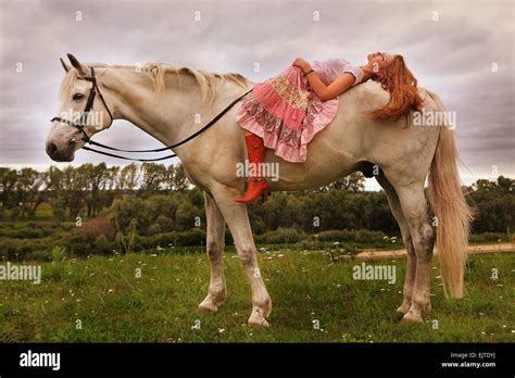 Beautiful Girl And White Horse Stock Photo Alamy